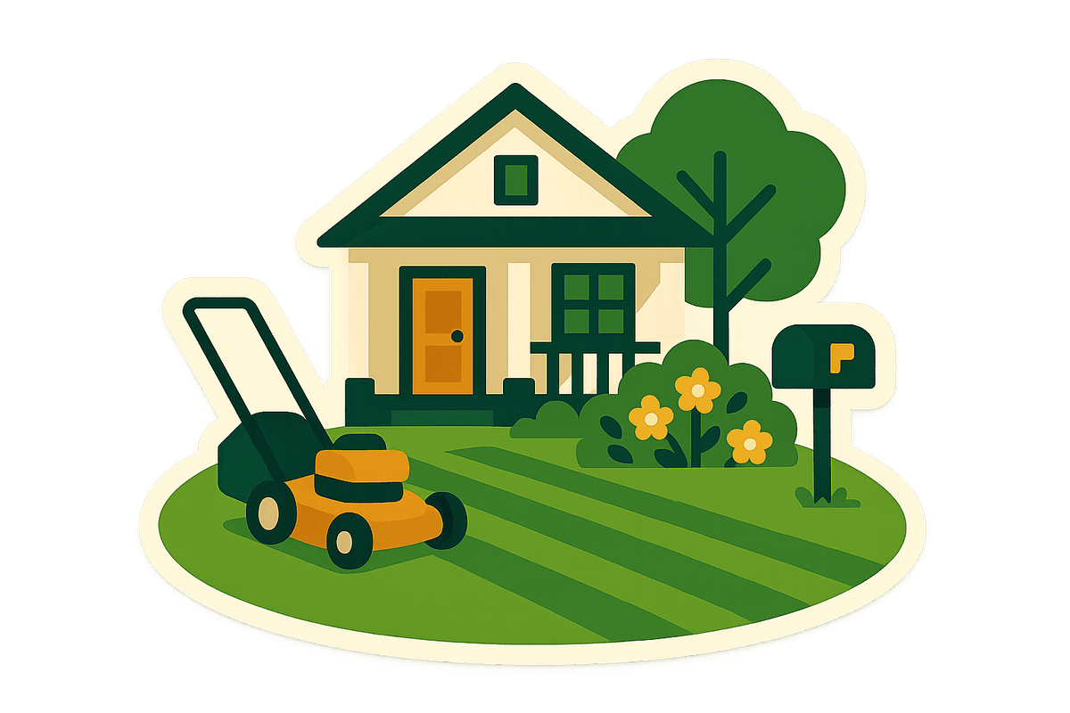 Illustration of a freshly striped front lawn with a mower and mailbox